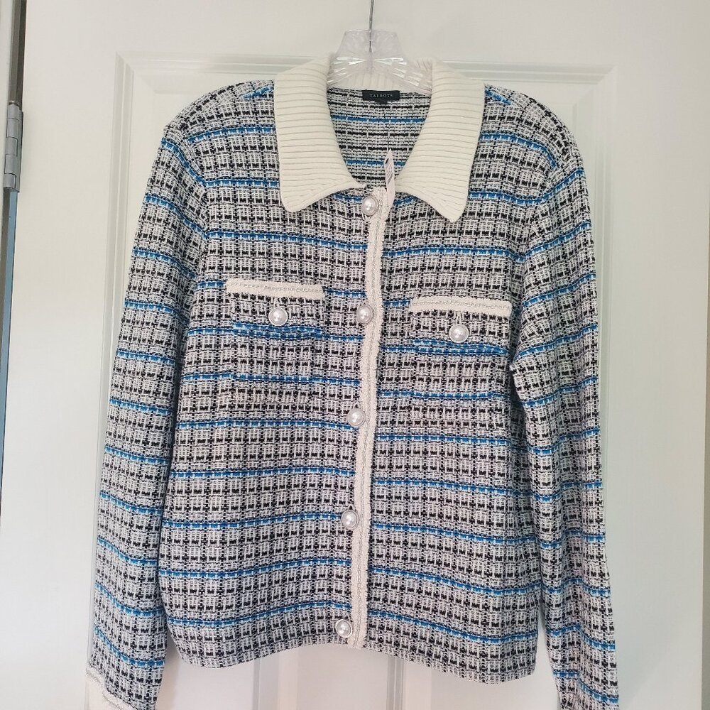 NWT Talbots Cream/Black/Blue/Silver Plaid Cardigan Sweater Misses Large NEW